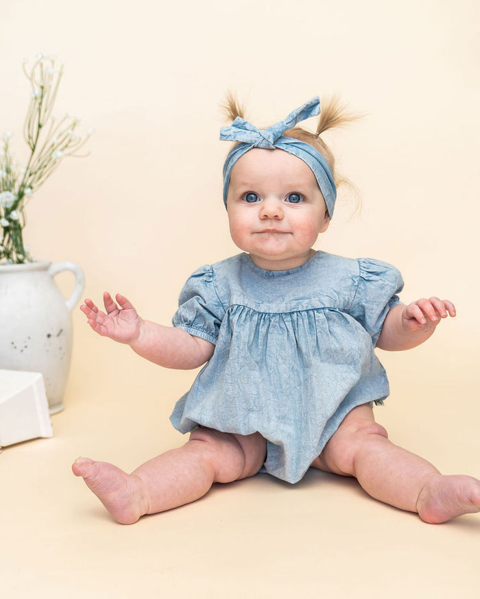 Aspen Soft Denim Washed Baby Romper (Organic) Model