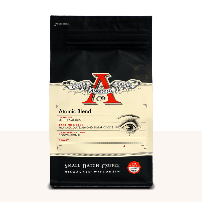 Atomic Blend coffee bag with cream label, large red A logo, and Milwaukee small batch branding