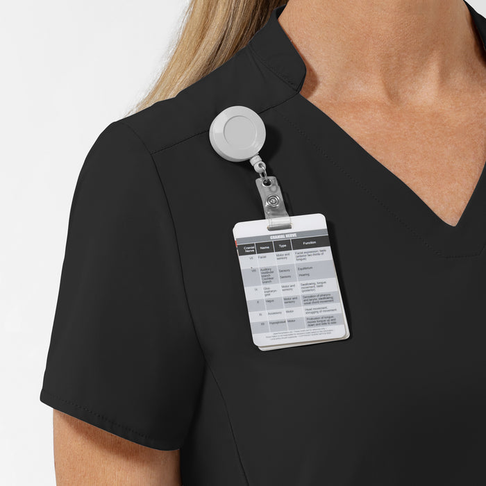 AURA Women's Allure V-Neck 2 Pocket Scrub Top - Black badge loop