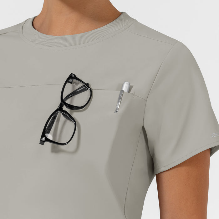 AURA Women's Captivate Crew Neck Tuck-in Scrub Top - Cool Gray chest pocket