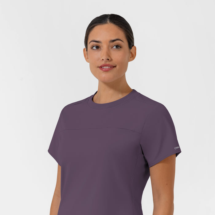 AURA Women's Captivate Crew Neck Tuck-in Scrub Top - Dusk neckline