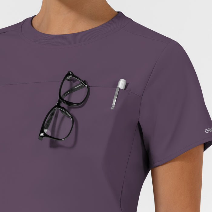 AURA Women's Captivate Crew Neck Tuck-in Scrub Top - Dusk chest pocket