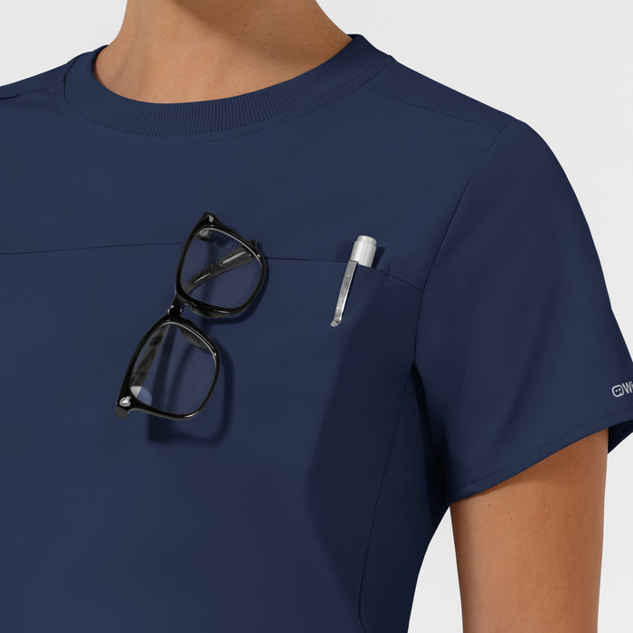 AURA Women's Captivate Crew Neck Tuck-in Scrub Top - Navy chest pocket