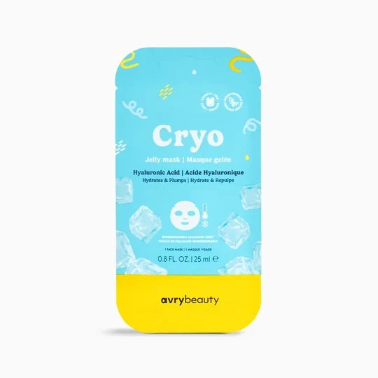 A single sheet mask packet from avrybeauty, featuring a light blue and yellow design with the text 'Cryo Jelly mask' and illustrations of ice cubes, shown on a clean white background-Hair Care Canada