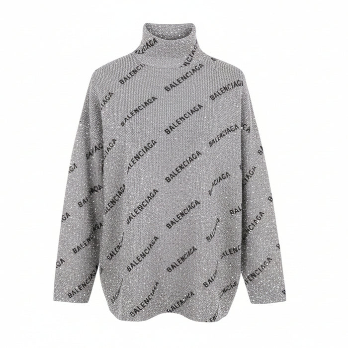 BALENCIAGA SILVER AND BLACK RHINESTONE LOGO TURTLENECK SWEATER - SIZE 2 (M)