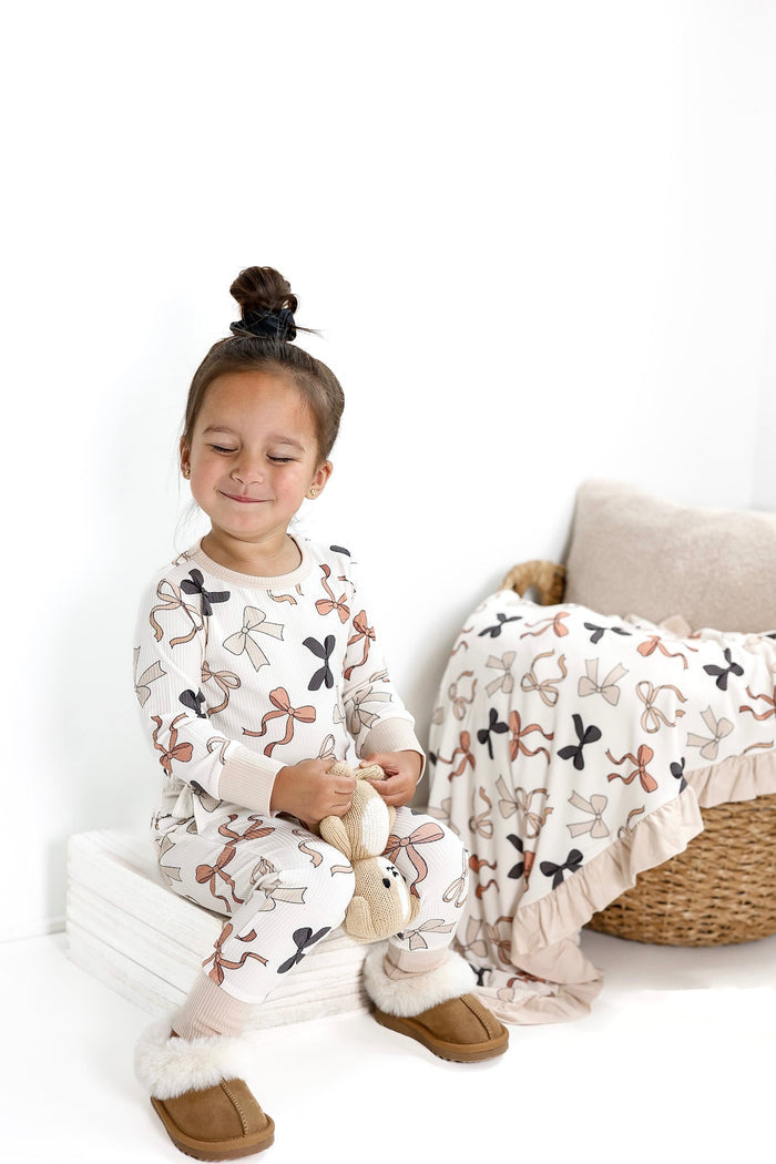 BAMBOO RIBBED 2 PIECE PAJAMA SET - BOWS