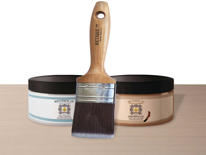 Retique It Bare Wood Kit with interior satin top coat, showing unfinished wood surfaces ready for staining and finishing.