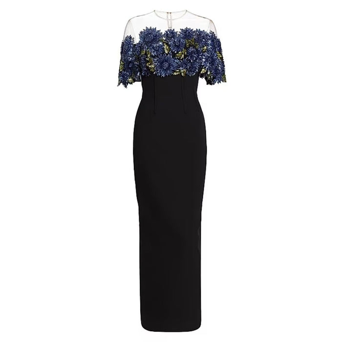 Lela Rose Beaded Floral Illusion Neck Column Gown - Runway Catalog