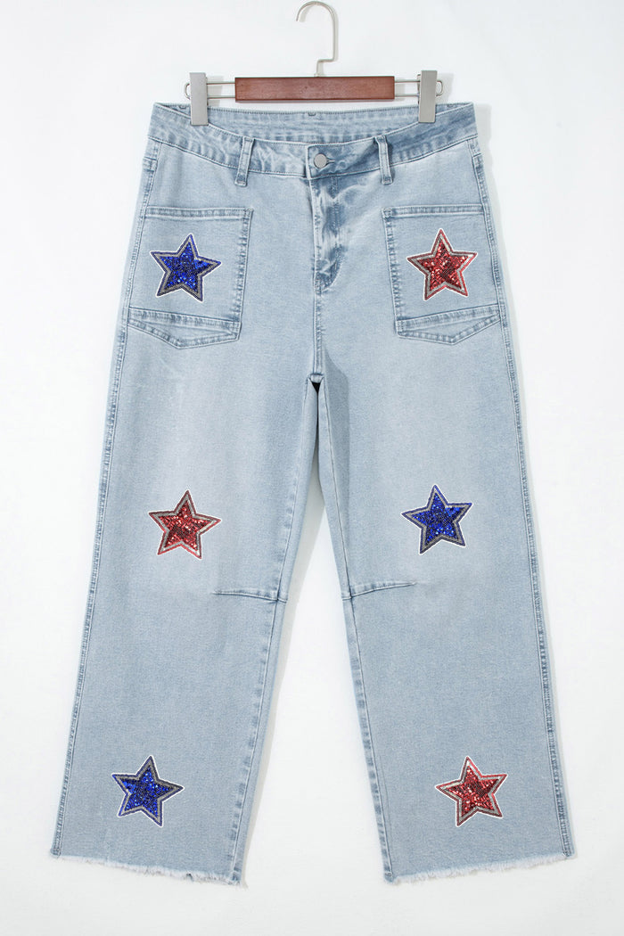 Beau Blue Patriotic Sequin Stars Patch Pocket Shift Jeans