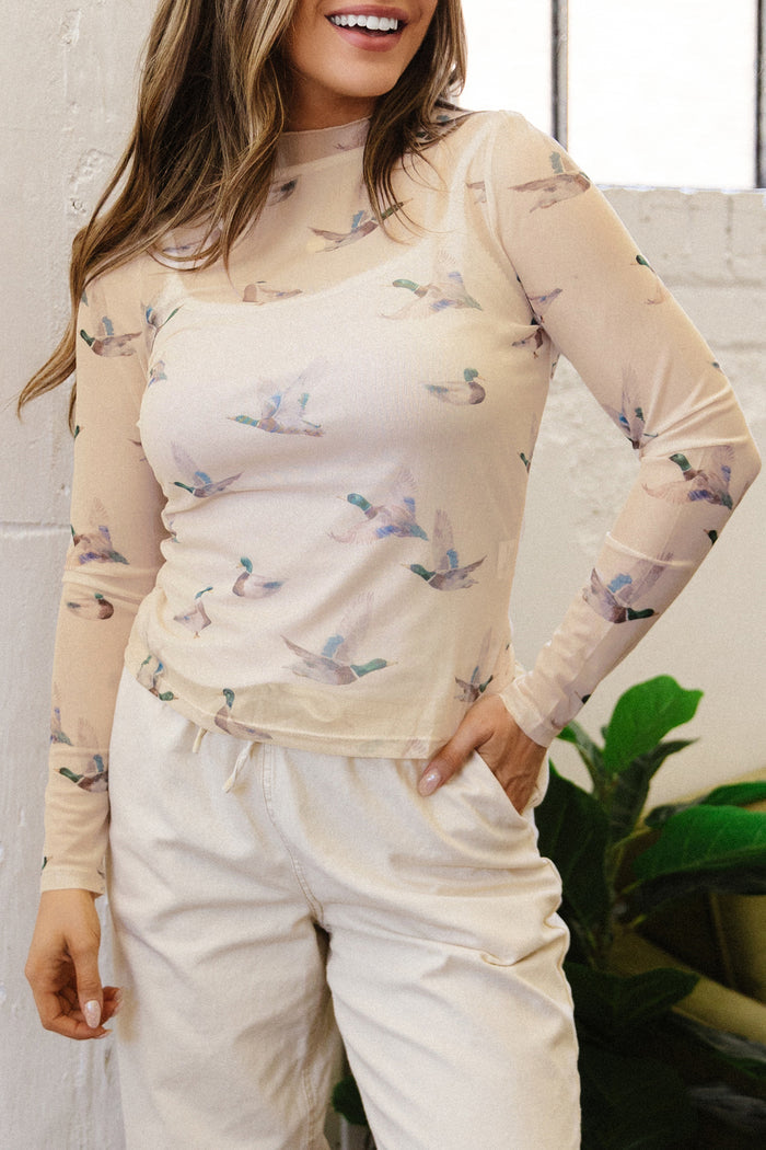 Beige High Neck Western Print Mesh Sheer Long Sleeve Top