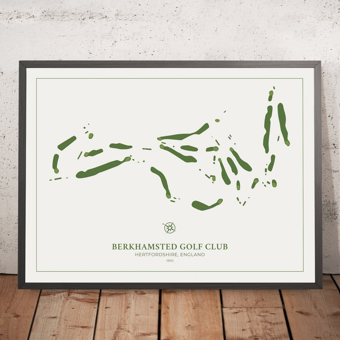 A framed image of Berkhamsted Golf Club in the style of a simple and modern golf course map