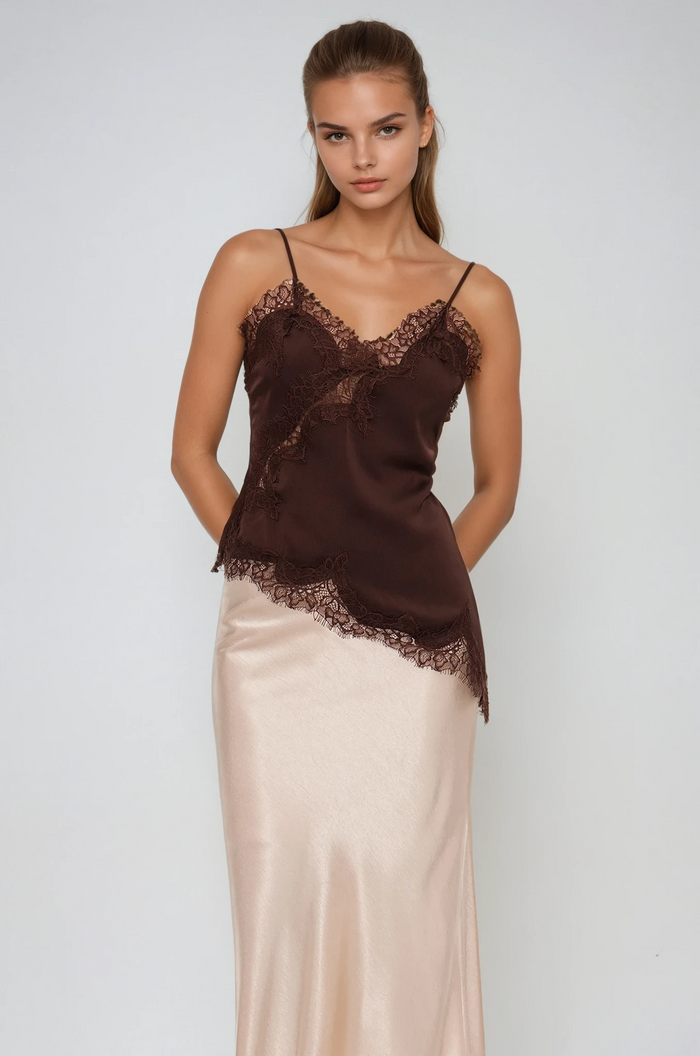 Bess Lace Asymmetric Satin Top In Brown