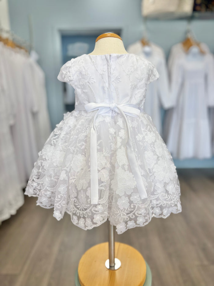 Back of lace baby dress with zipper and bow.