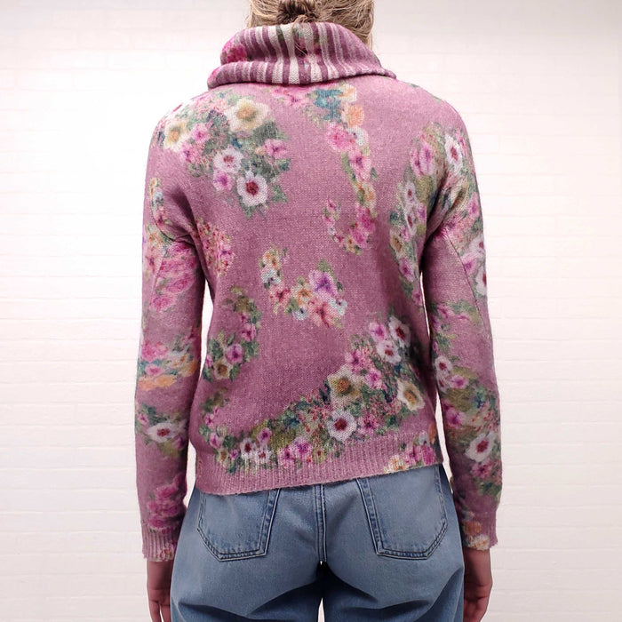 BLUGIRL BLUMARINE PINK FLORAL SWEATER WITH DETACHABLE TURTLENECK - SIZE S