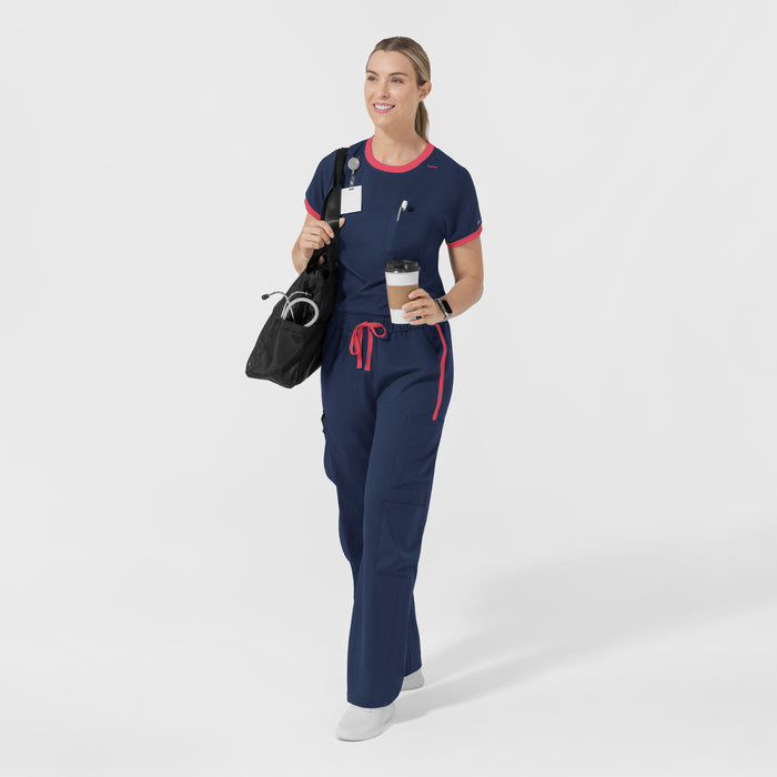 Boundless Women's Classic Wide Leg Cargo Scrub Pant - Navy and Hibiscus