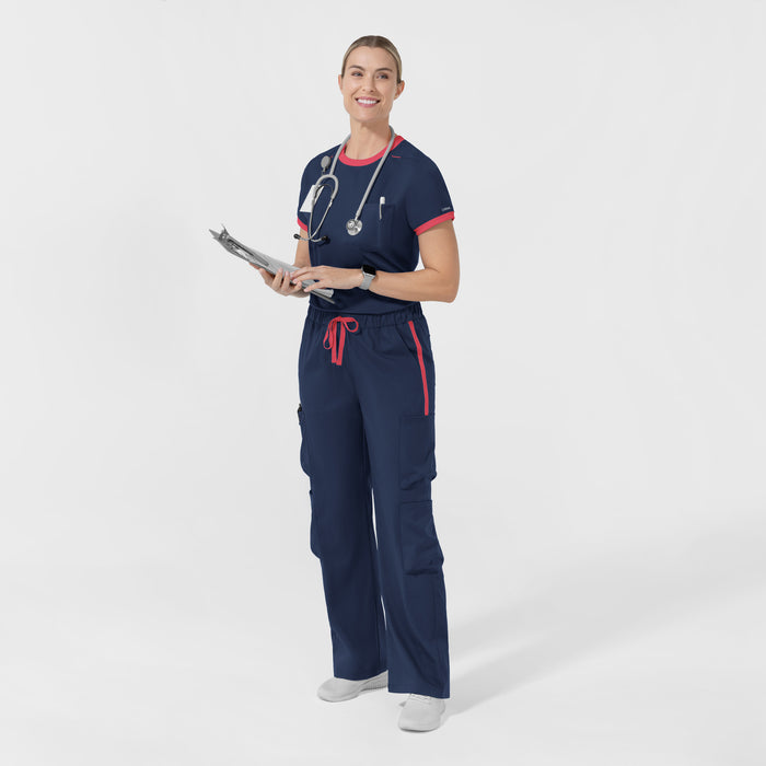 Boundless Women's Classic Wide Leg Cargo Scrub Pant - Navy and Hibiscus