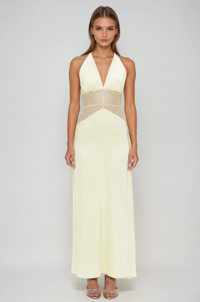 Bowie Lace Plunge Backless Maxi Dress In Butter Yellow