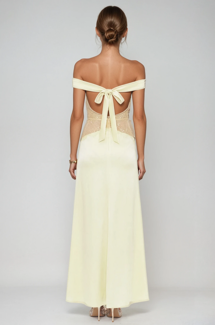 Bowie Lace Plunge Backless Maxi Dress In Butter Yellow