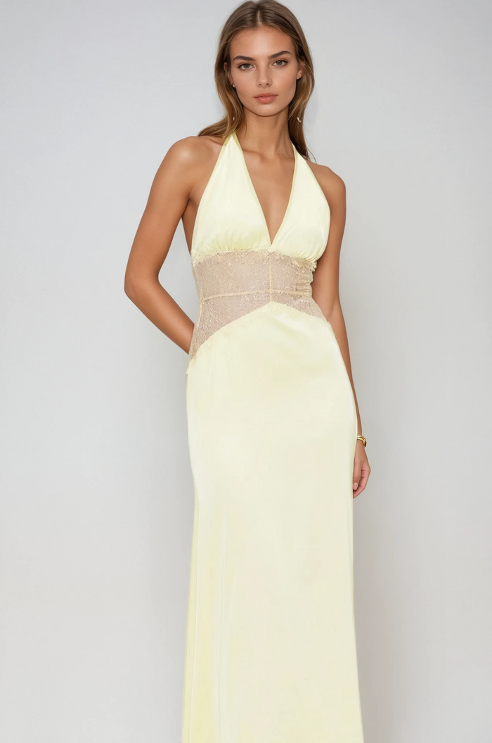 Bowie Lace Plunge Backless Maxi Dress In Butter Yellow