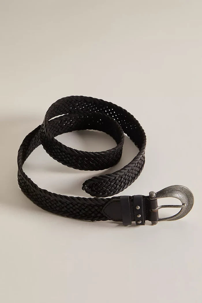 A medium width black leather belt with a chunky Western buckle and a woven design.