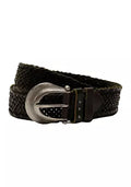A medium width tapenade leather belt with a chunky Western buckle and a woven design.