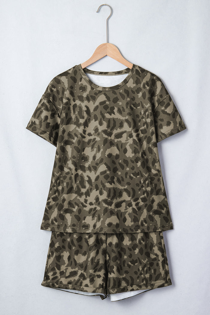 Brown Leopard Print Crew Neck Short Set