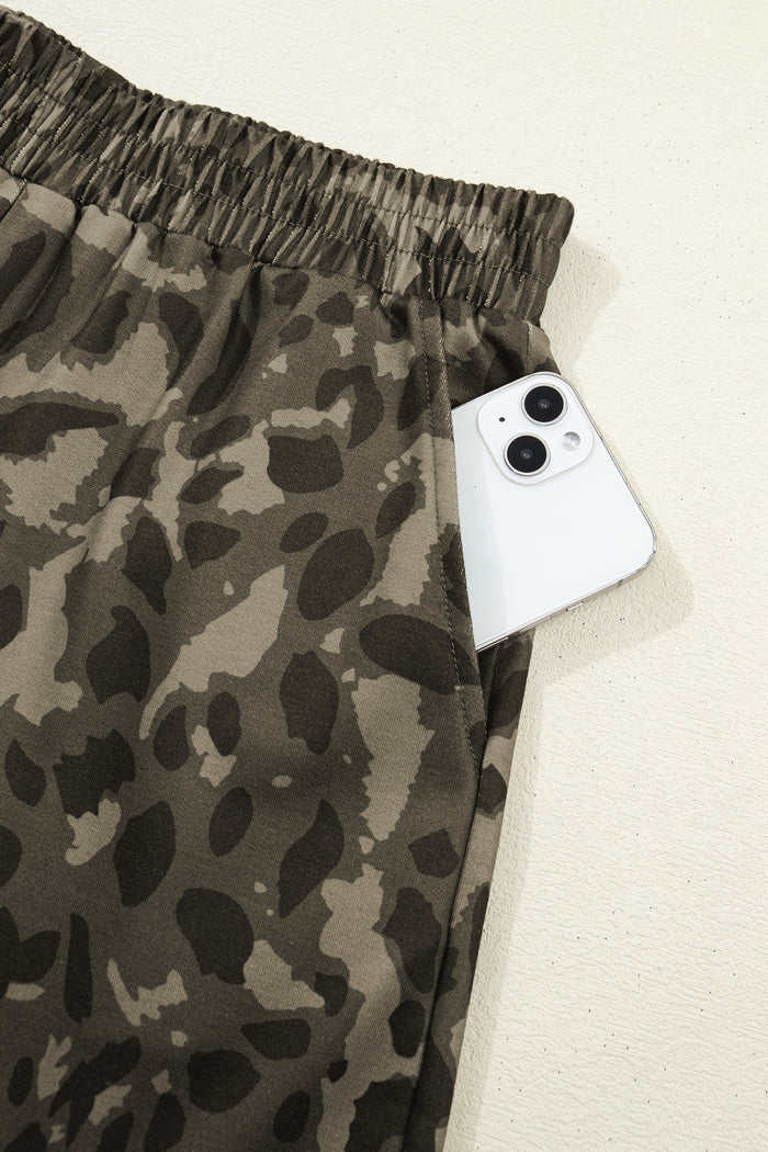 Brown Leopard Print Crew Neck Short Set