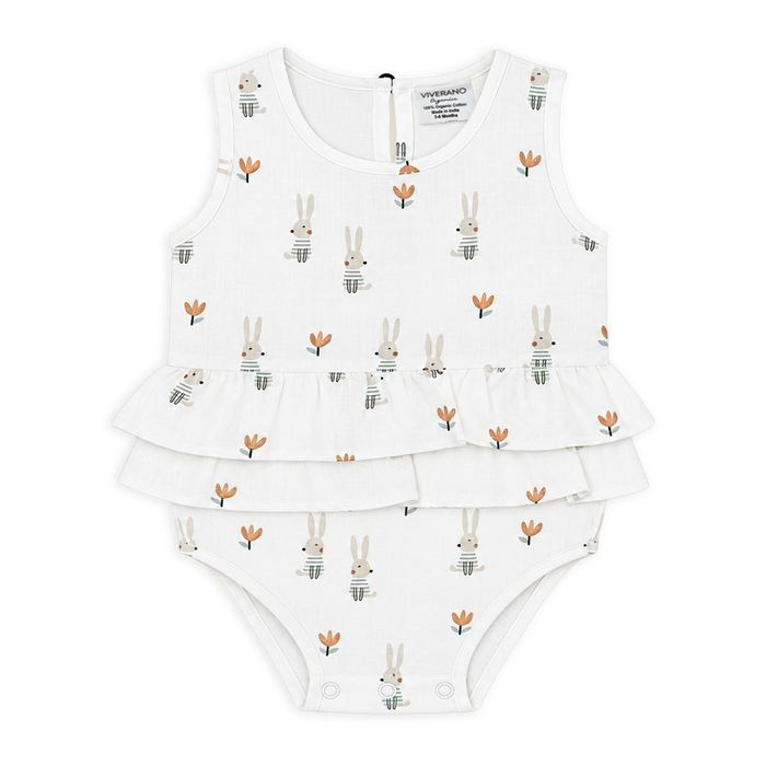 front of Bunny 2-Tier Ruffle Baby Romper made with Organic Muslin
