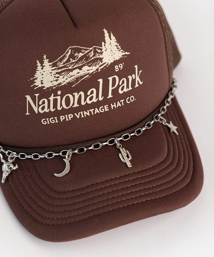 A brown cap with a logo and the text 'National Park' and 'GIGI PIP VINTAGE HAT CO.' with a silver chain along with a longhorn hat charm, a moon hat charm, a cactus hat charm and a star hat charm on a plain background #color_silver