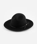 A black fedora hat with a hat band on a plain background #color_black