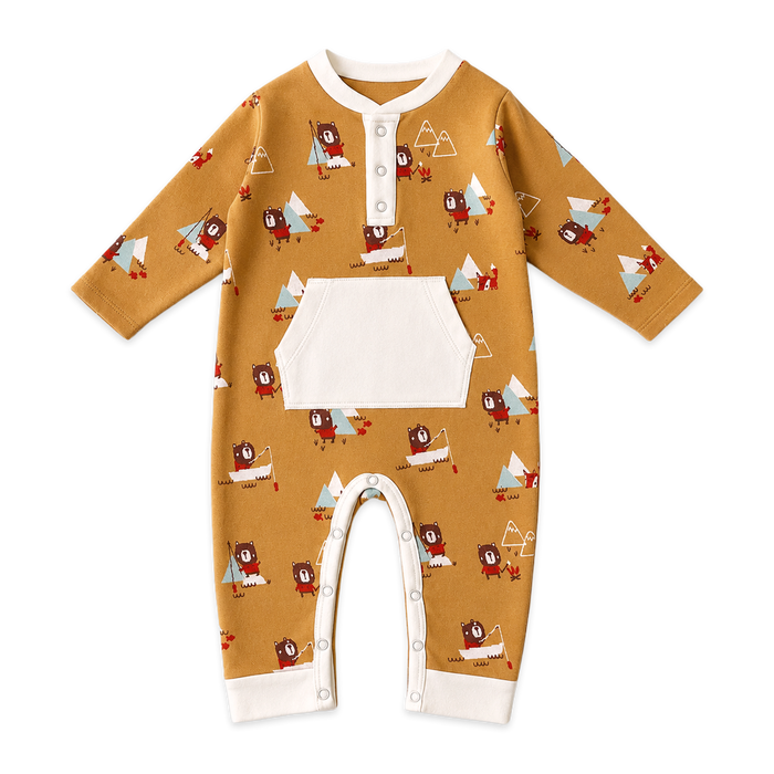 front of camping bear fox kangaroo jacquard baby jumpsuit