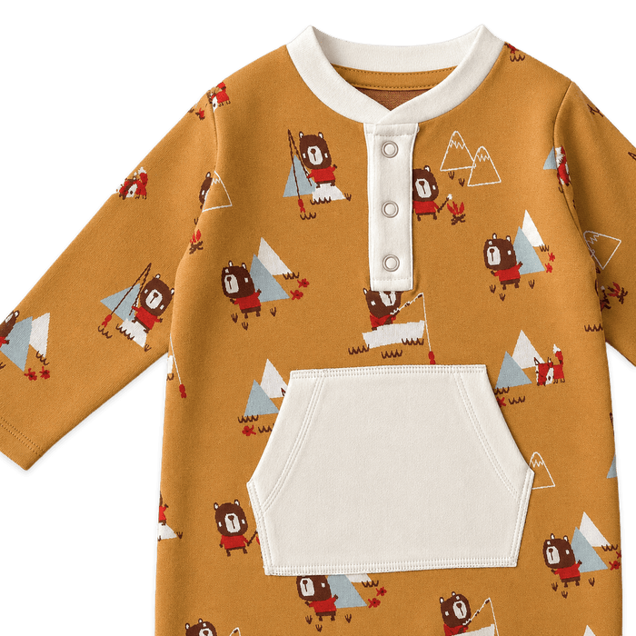 close up view of pocket on camping bear fox kangaroo jacquard baby jumpsuit