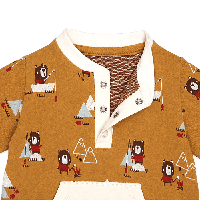 close up view of collar on camping bear fox kangaroo jacquard baby jumpsuit