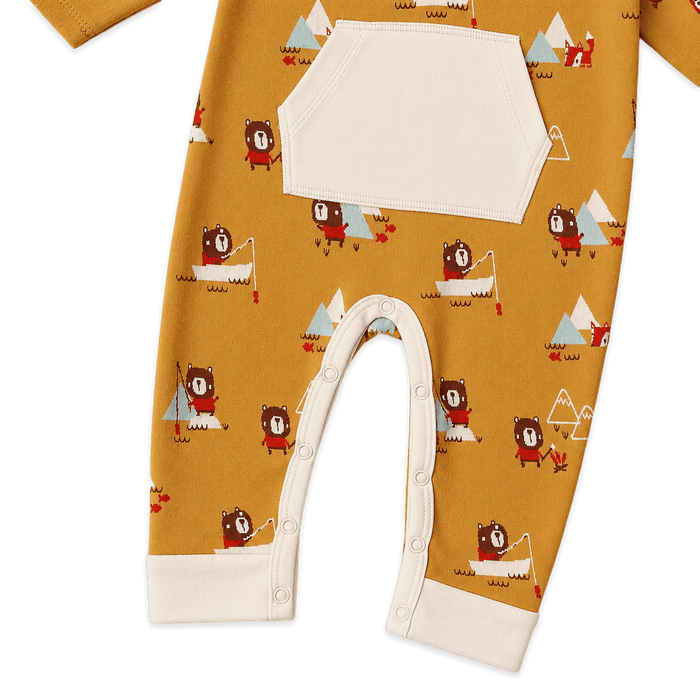 close up view of bottom of camping bear fox kangaroo jacquard baby jumpsuit