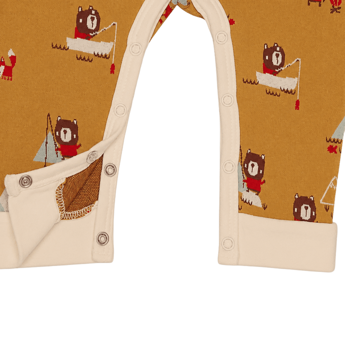 close up view of snap closures  on camping bear fox kangaroo jacquard baby jumpsuit