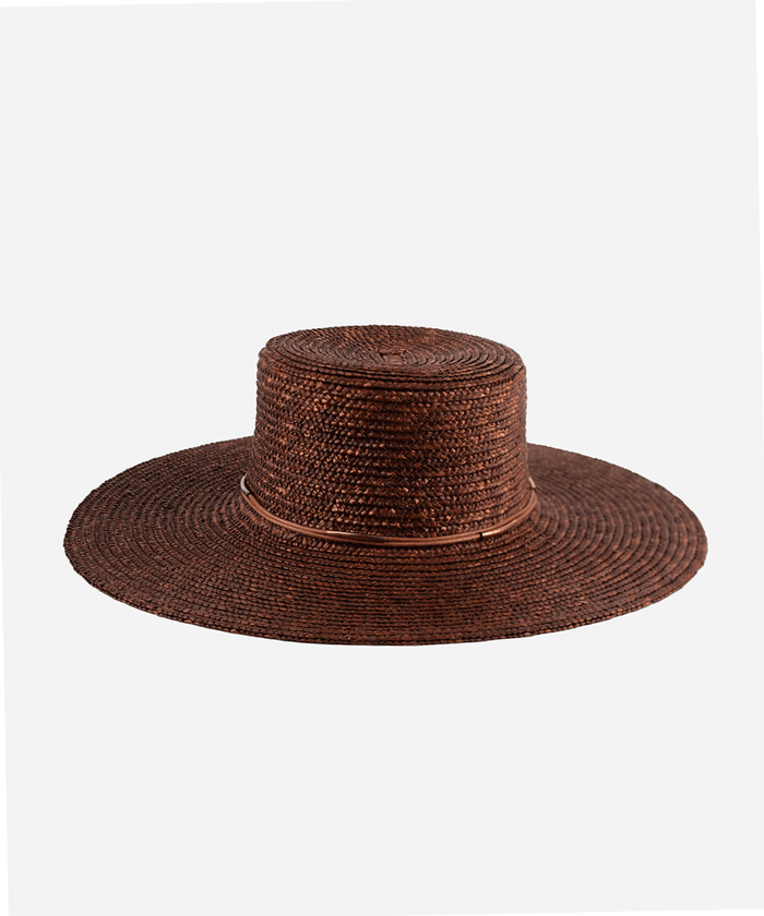 A brown boater-style straw hat with a flat brim and a hat band on a white background #color_brown