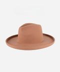 A dusty pink colored pencil brim fedora hat on a plain background #color_dusty pink