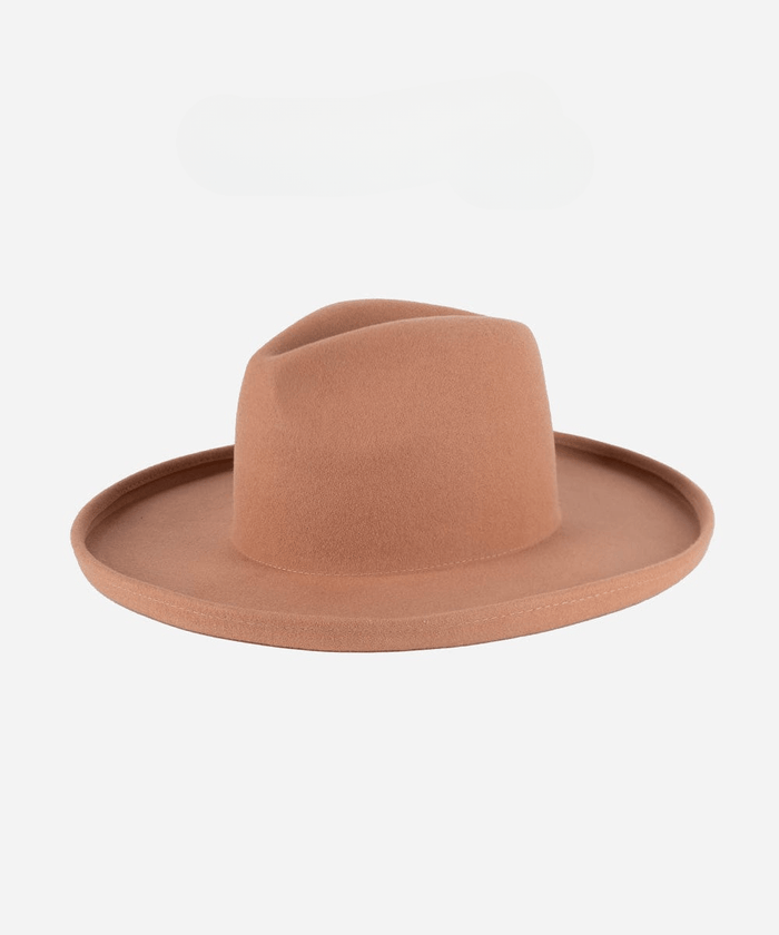 A dusty pink colored pencil brim fedora hat on a plain background #color_dusty pink