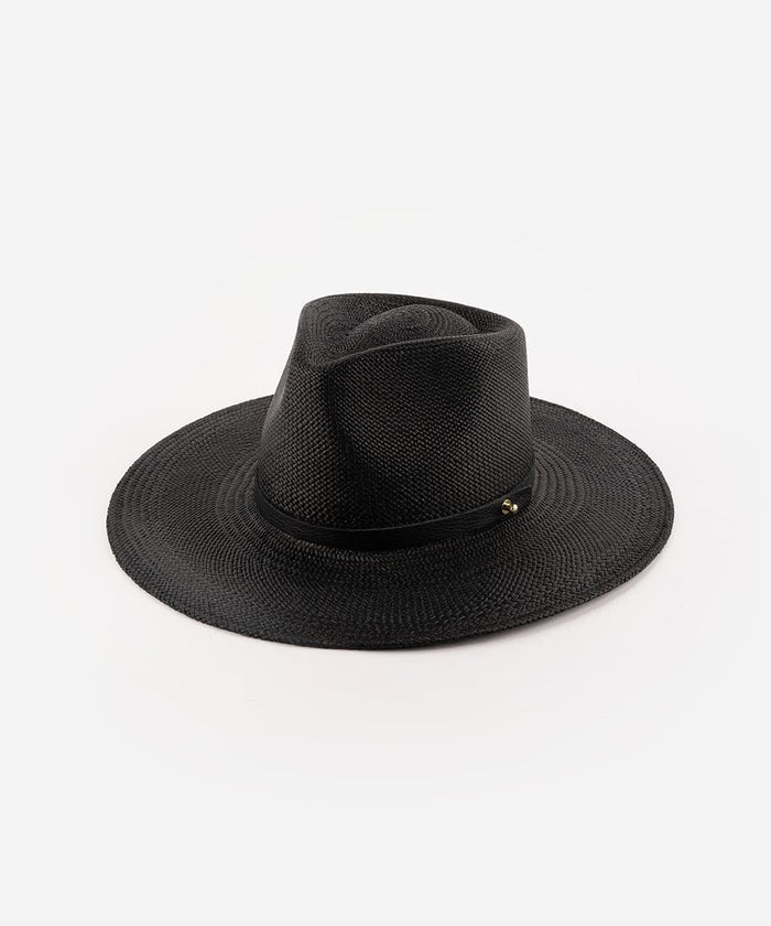 A black straw hat with a hat band on a white background #color_black