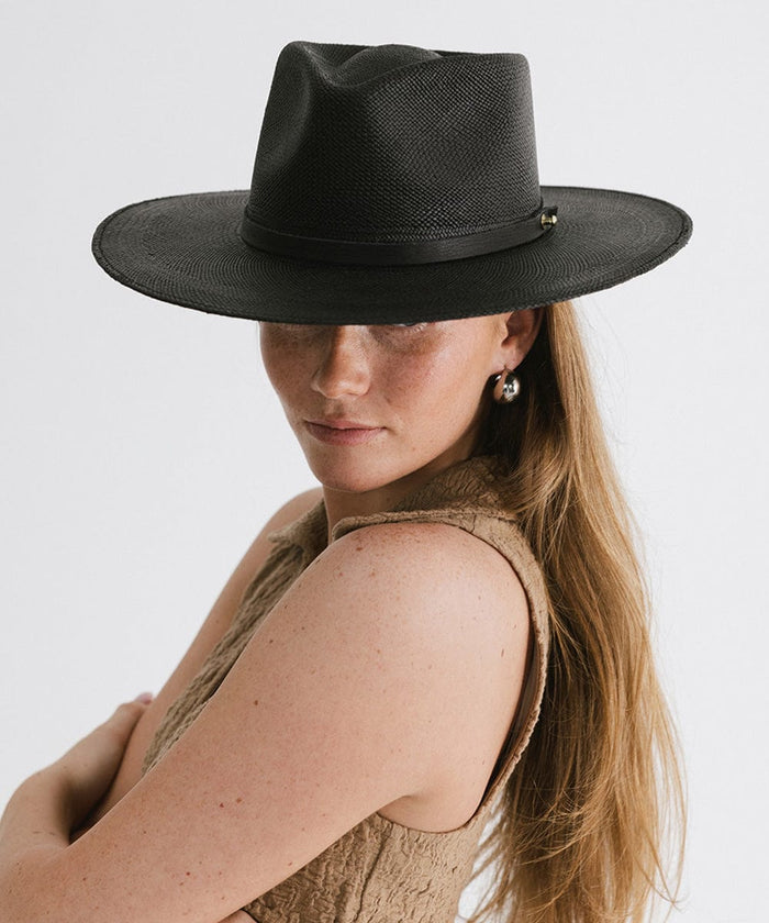 Woman wearing a black straw hat with a hat band and a beige top, with folded hands against a plain background #color_black