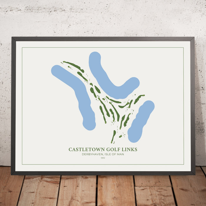 A framed image of Castletown Golf Links in the style of a simple and modern golf course map