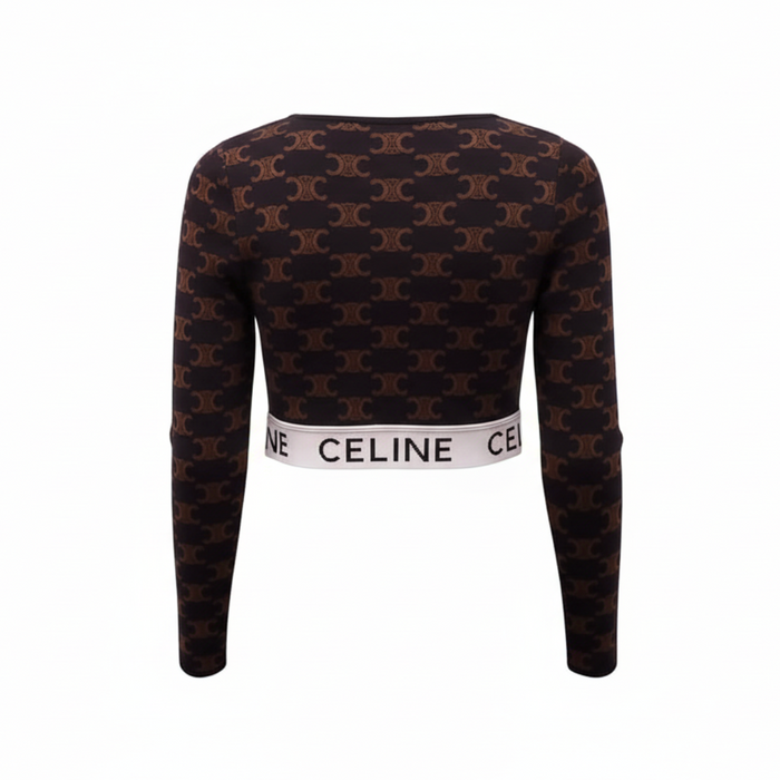 CELINE BROWN MONOGRAM CROPPED KNIT SHIRT - SIZE S