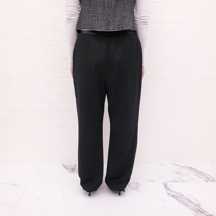 CHANEL BLACK FELT TROUSERS WITH LEATHER AND LOGO DETAIL - SIZE 42