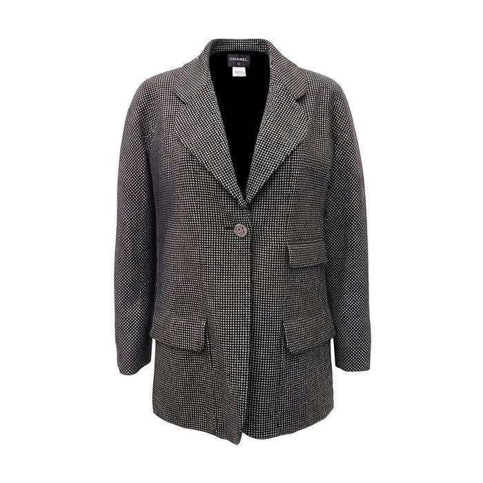 CHANEL GREY TWEED BLAZER WITH CC LOGO BUTTON - SIZE 42