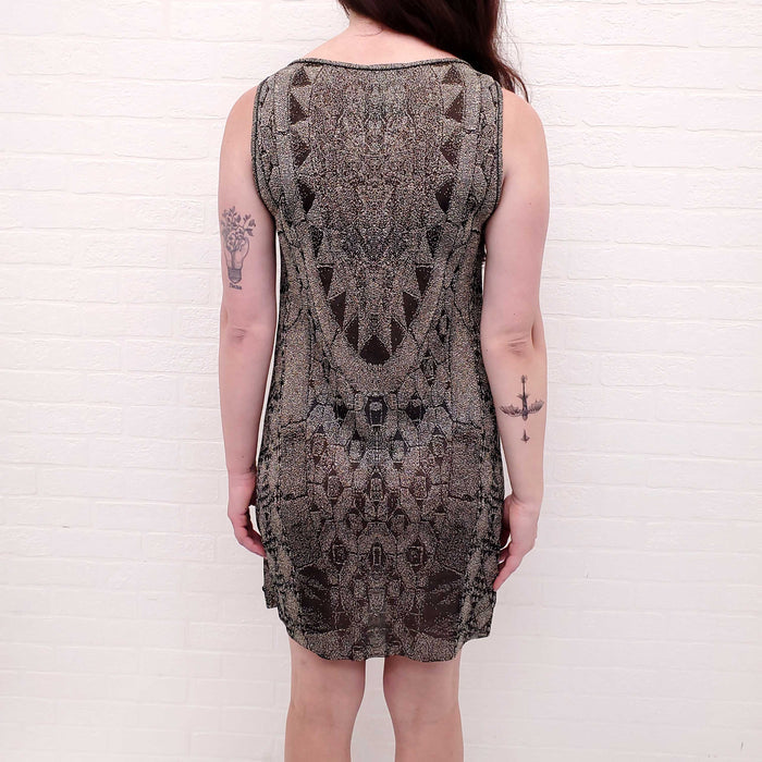 CHANEL METALLIC PATTERNED DRESS SET WITH MATCHING CARDIGAN - SIZE 40