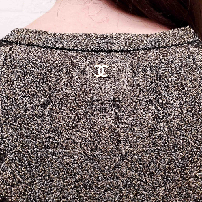 CHANEL METALLIC PATTERNED DRESS SET WITH MATCHING CARDIGAN - SIZE 40