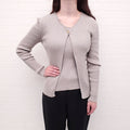 CHANEL TAUPE RIBBED SWEATER SET WITH LOGO BUTTON - SIZE 42