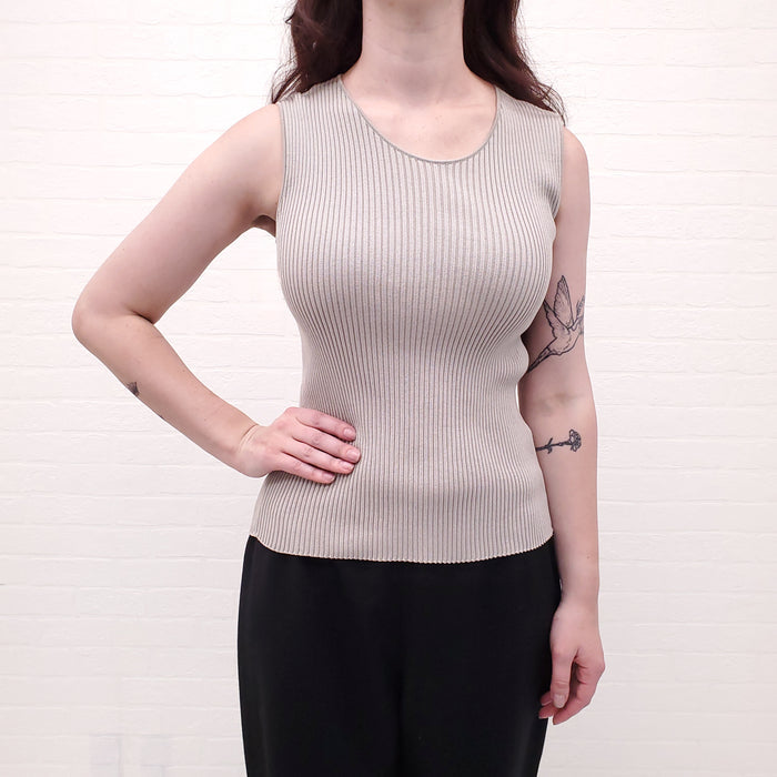 CHANEL TAUPE RIBBED SWEATER SET WITH LOGO BUTTON - SIZE 42