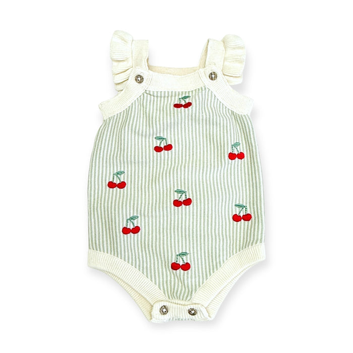 Cherry Stripe Embroidered Baby Ruffle Romper (Organic Cotton)