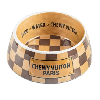 Chewy Vuiton Checker Dog Bowls and Placemat